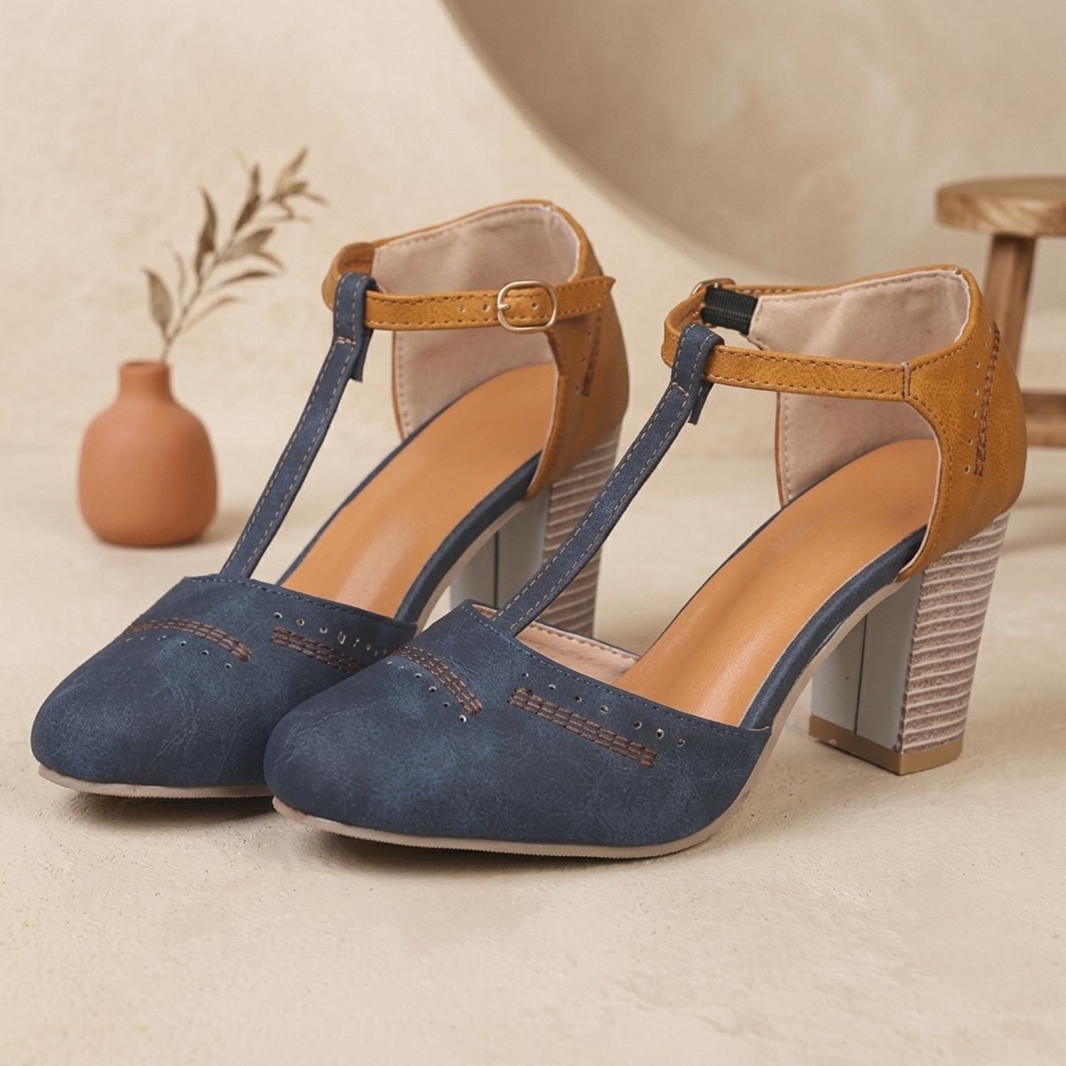 Women's Mary Jane pumps with a block heel and T-strap buckle