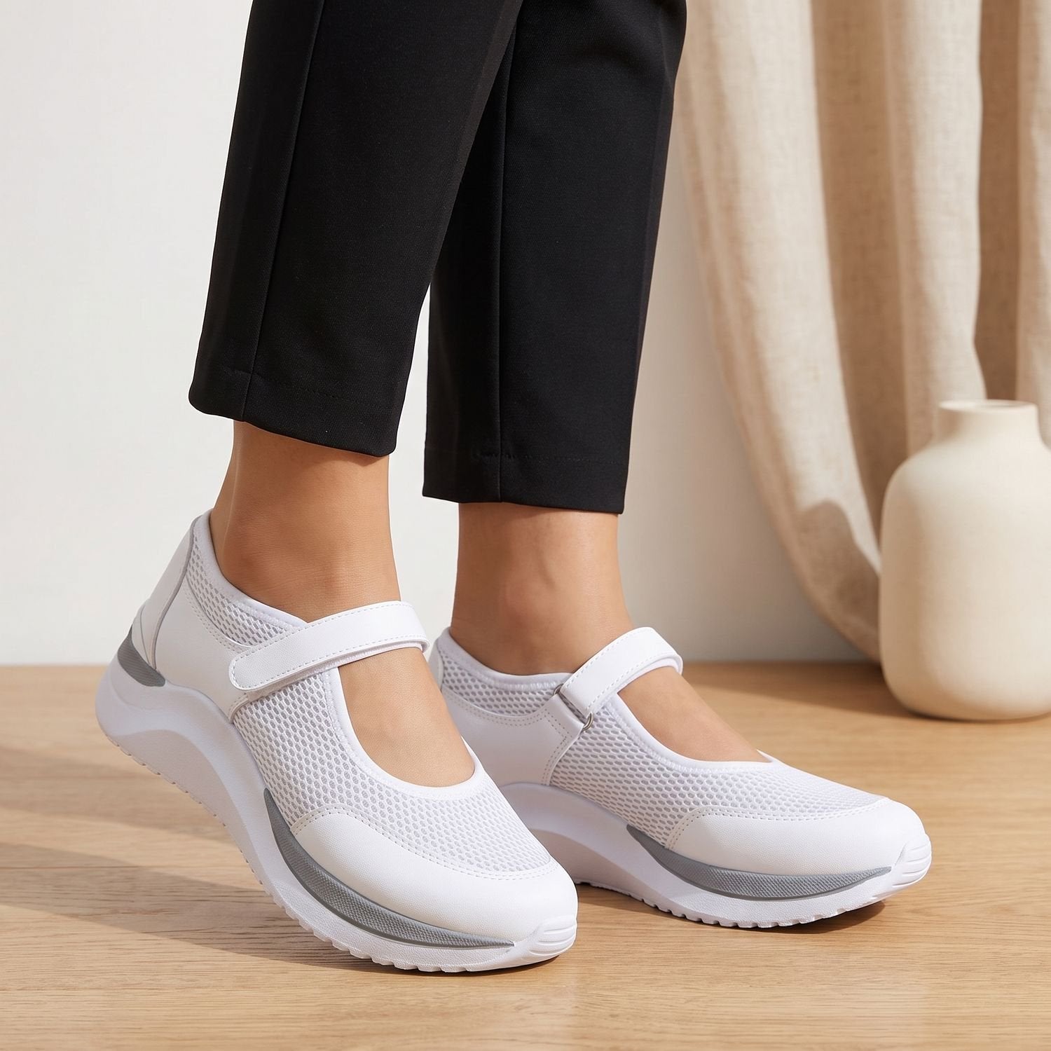 Women's orthopedic Mary Jane sneaker with Velcro strap, side view