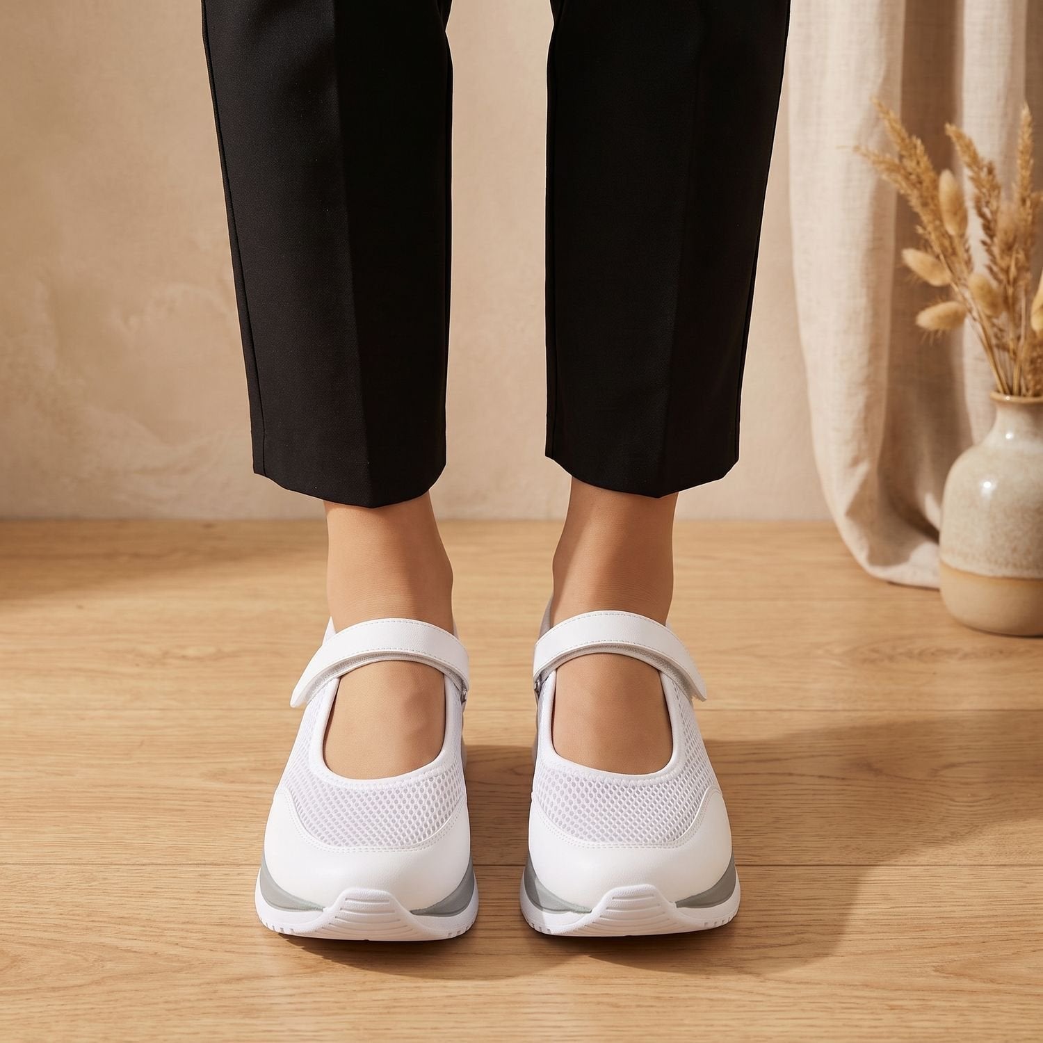 Women's orthopedic Mary Jane sneaker showing the adjustable Velcro strap