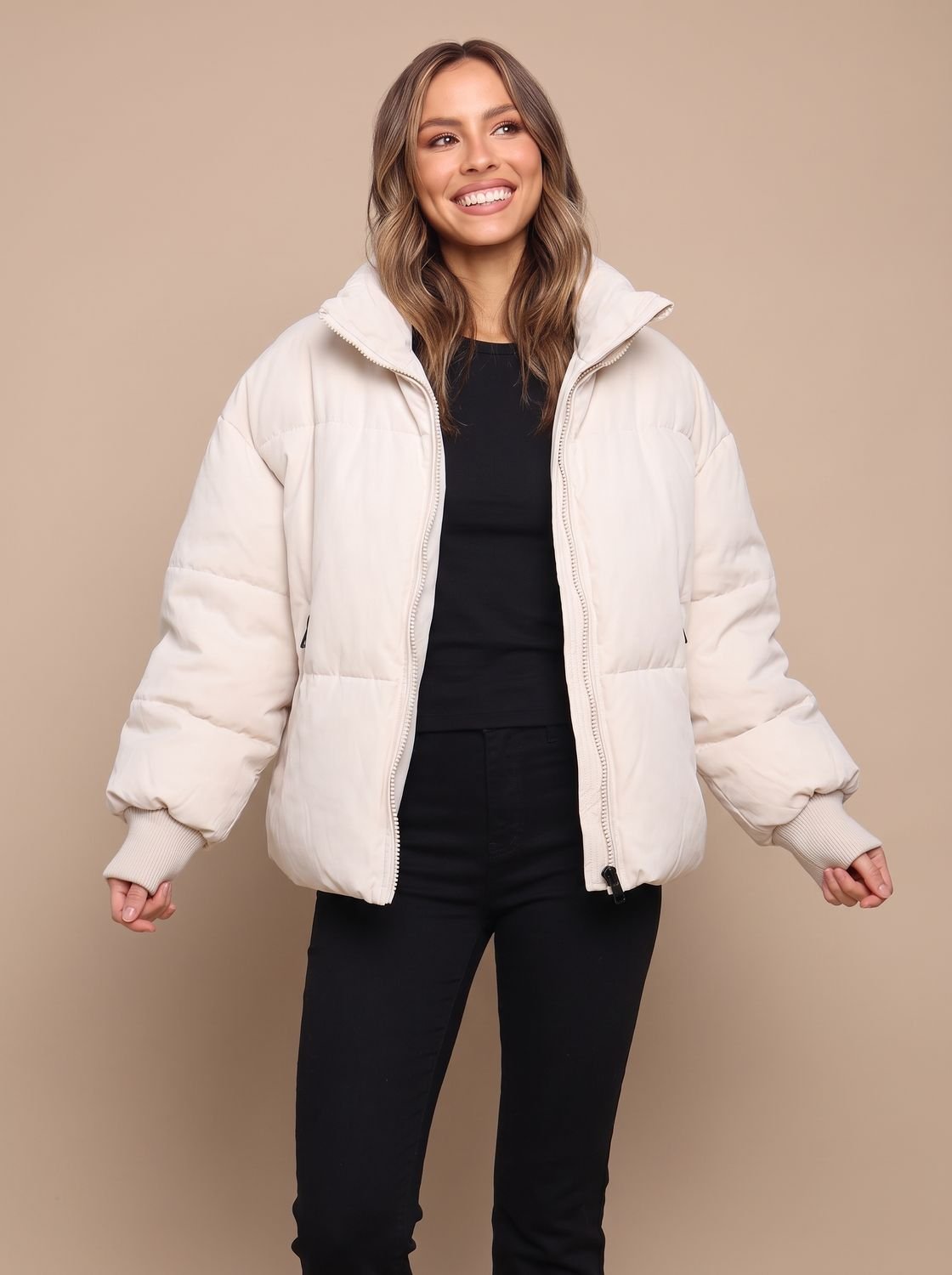 Side view of the oversized women's puffer jacket