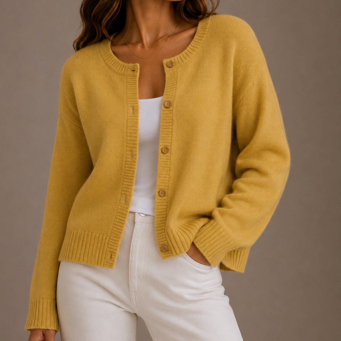 Side view of the relaxed-fit button-up knit cardigan
