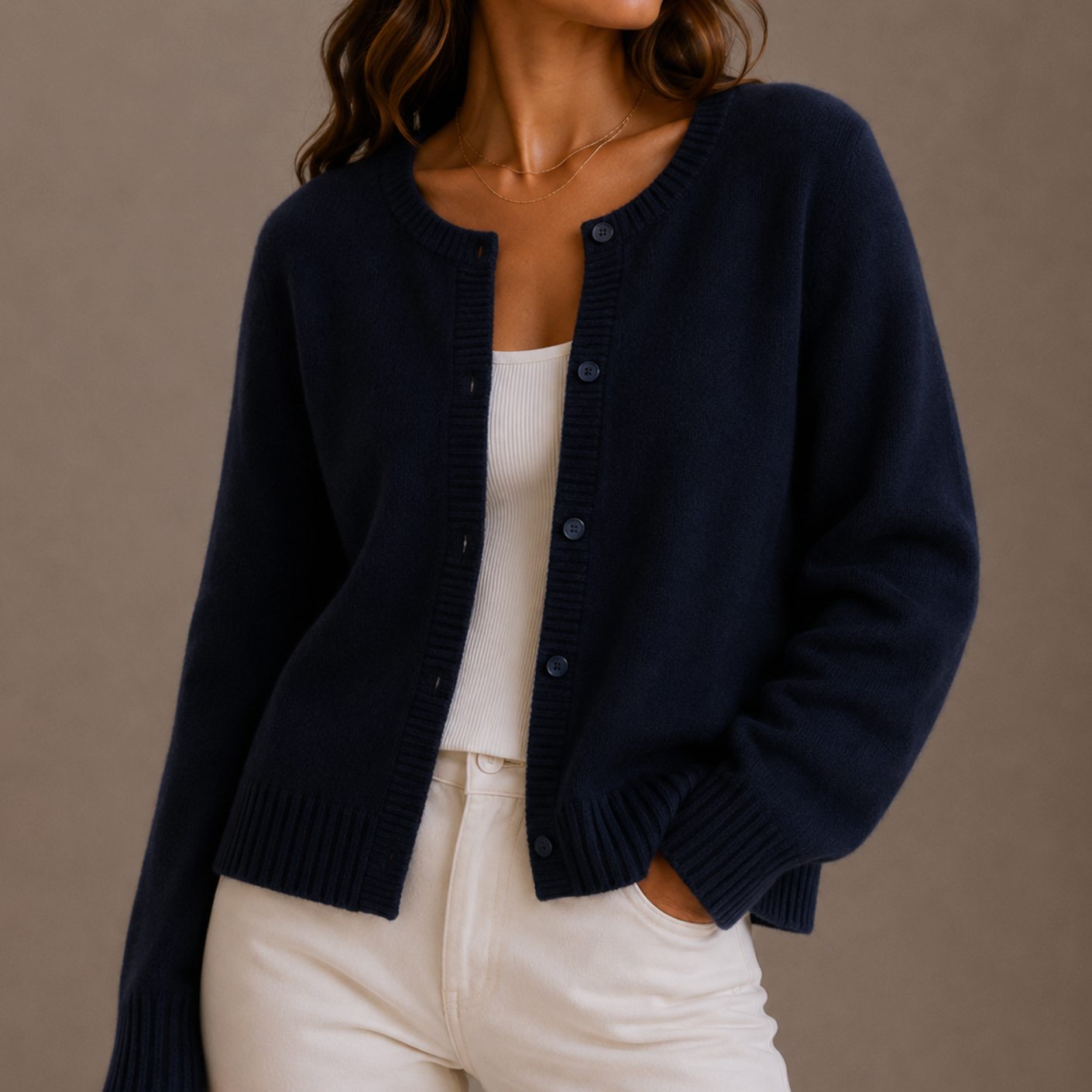 Women's cardigan styled as an easy everyday layering piece