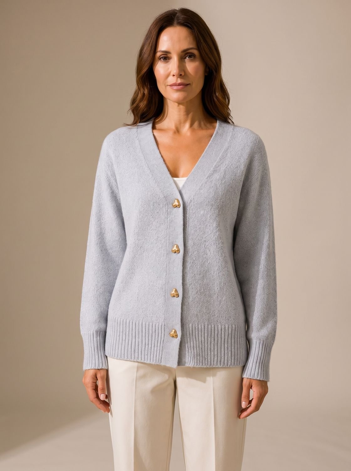 Women's relaxed-fit V-neck cardigan with heart-shaped buttons