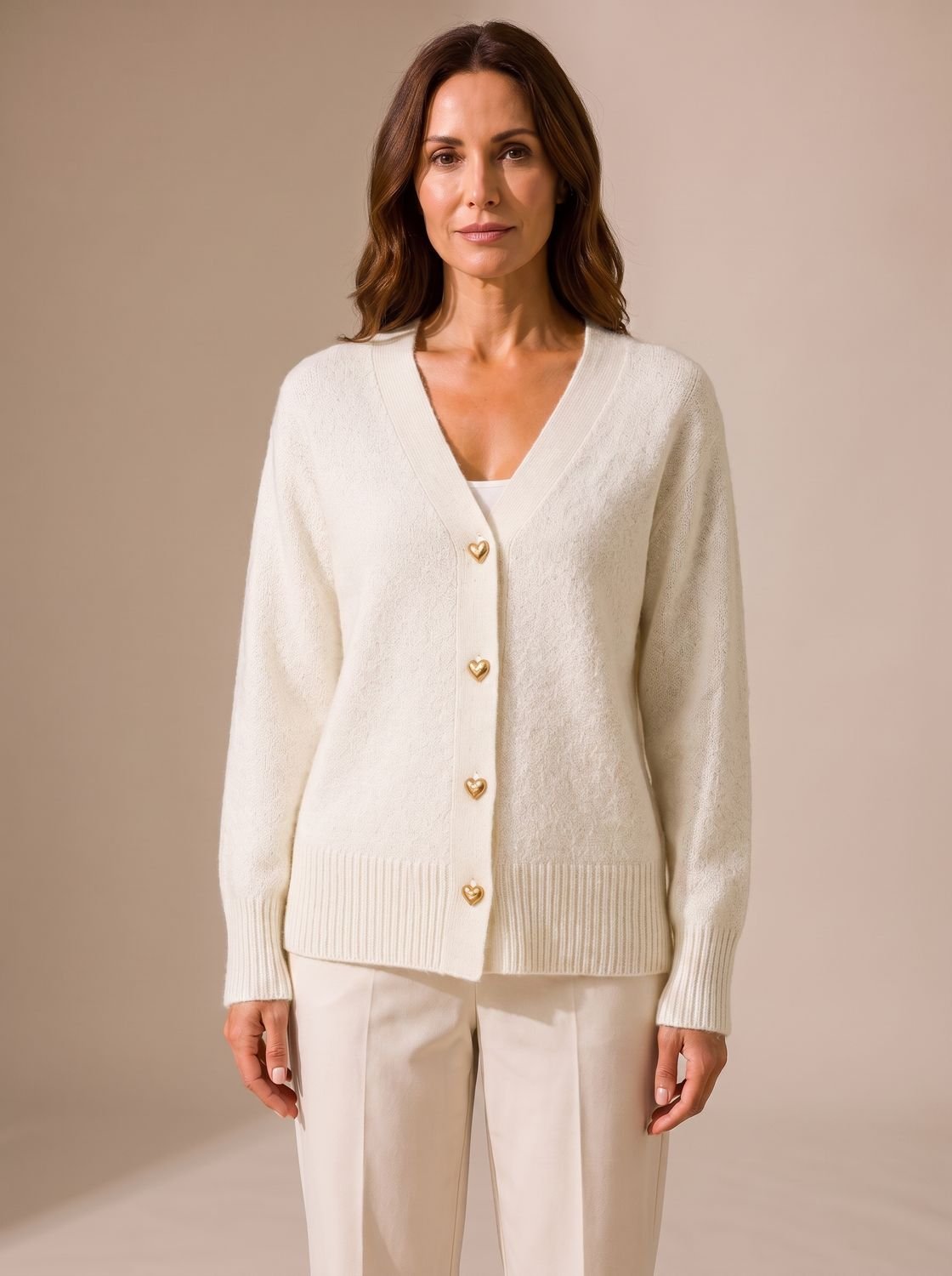 Side view of a relaxed-fit V-neck knit cardigan