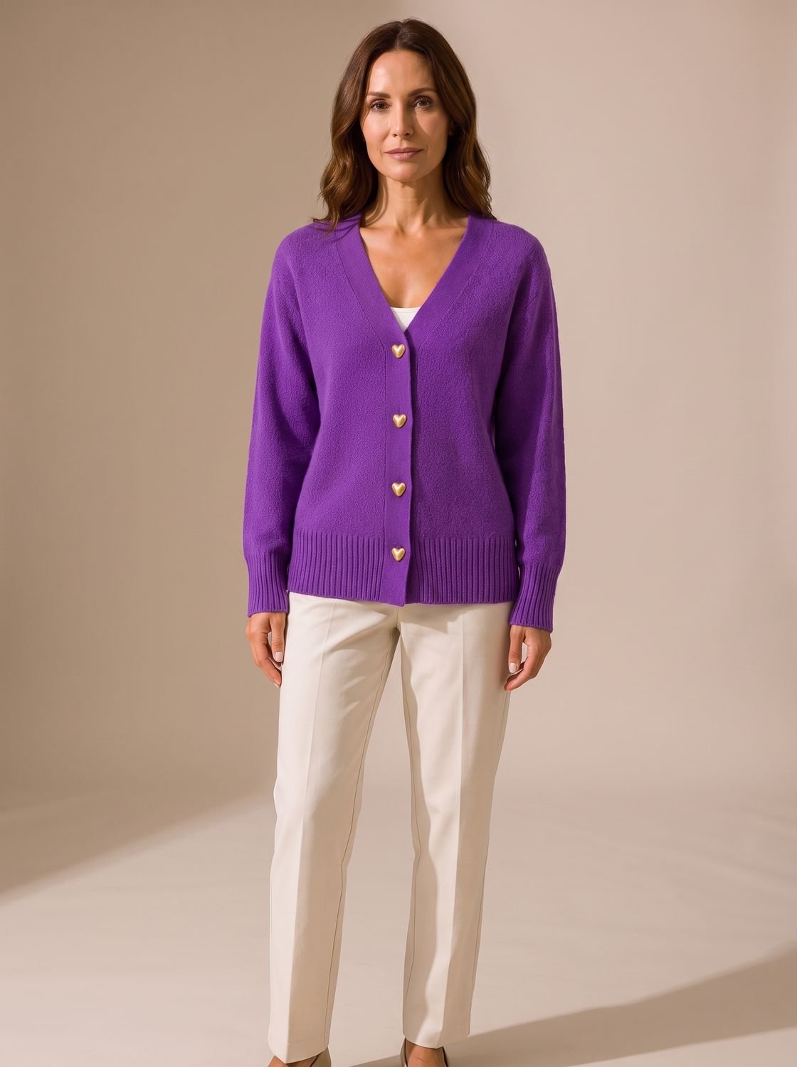 Women's Relaxed-Fit V-Neck Cardigan With Heart Buttons