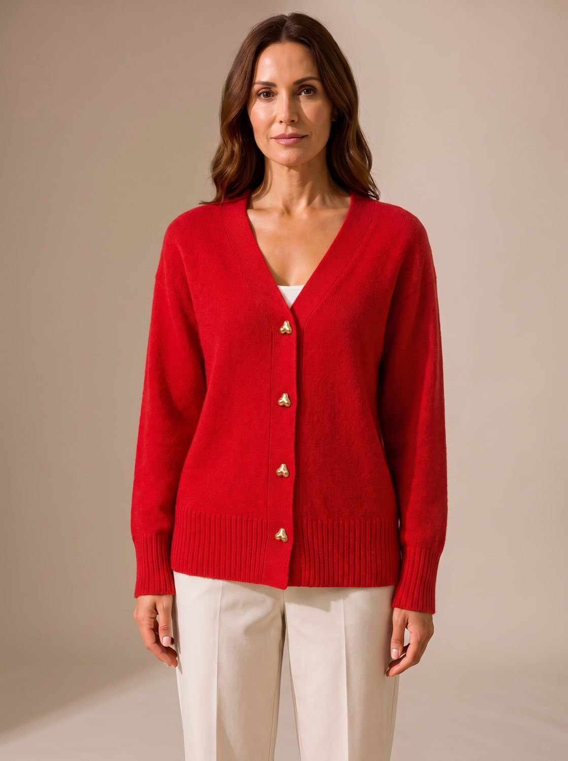Back view of a women's relaxed-fit knit cardigan