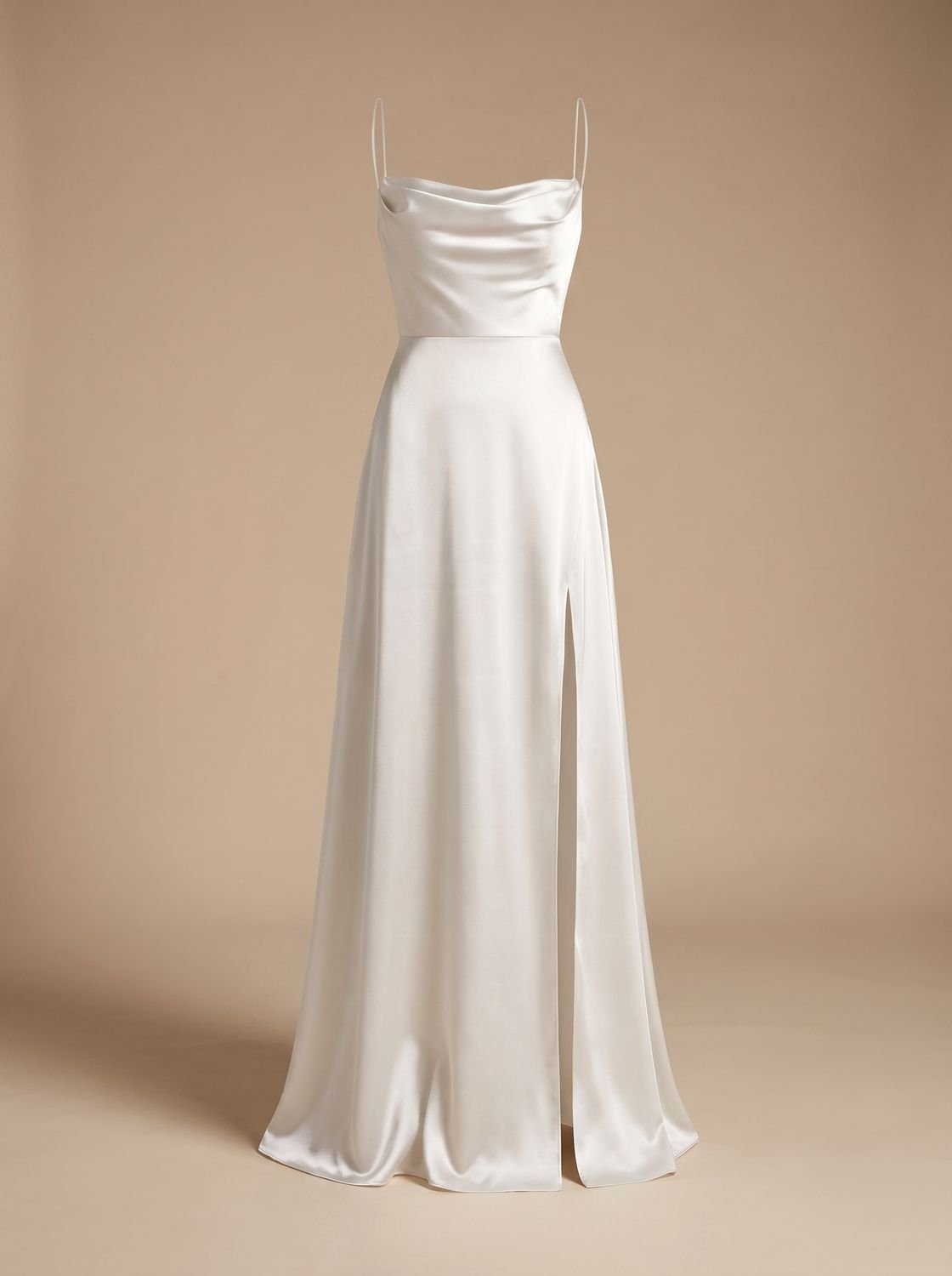 Satin cowl-neck maxi dress styled for an evening event