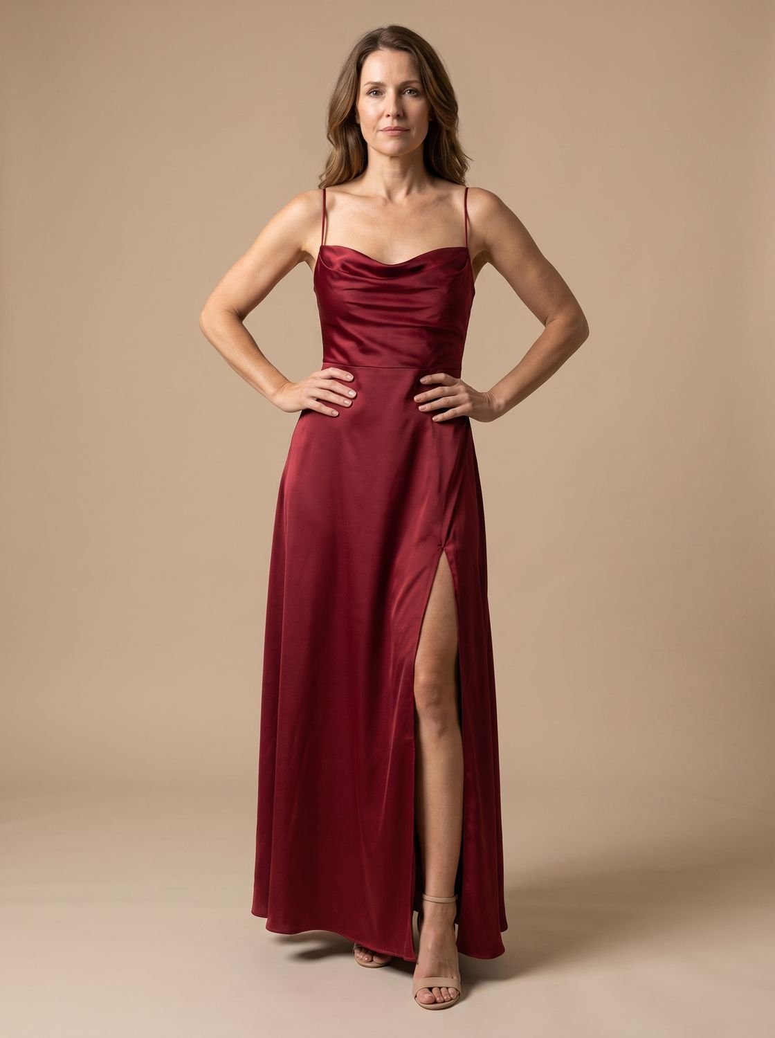 Women's Satin Cowl-Neck Maxi Dress With Front Slit
