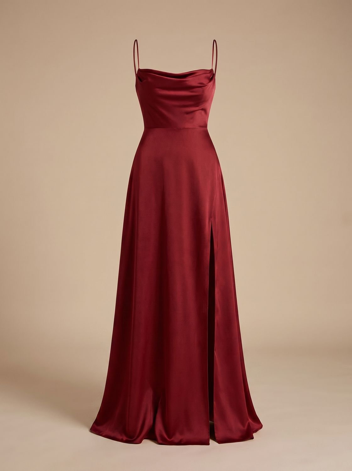 Front view of a sleeveless satin cowl-neck maxi dress