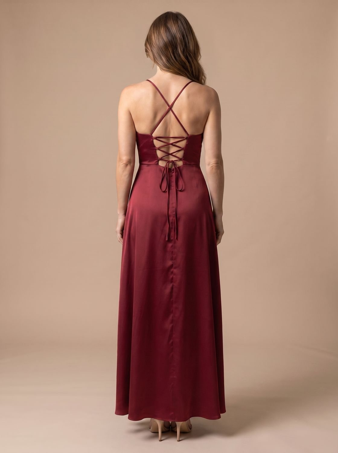 Women's floor-length satin dress with a high front slit