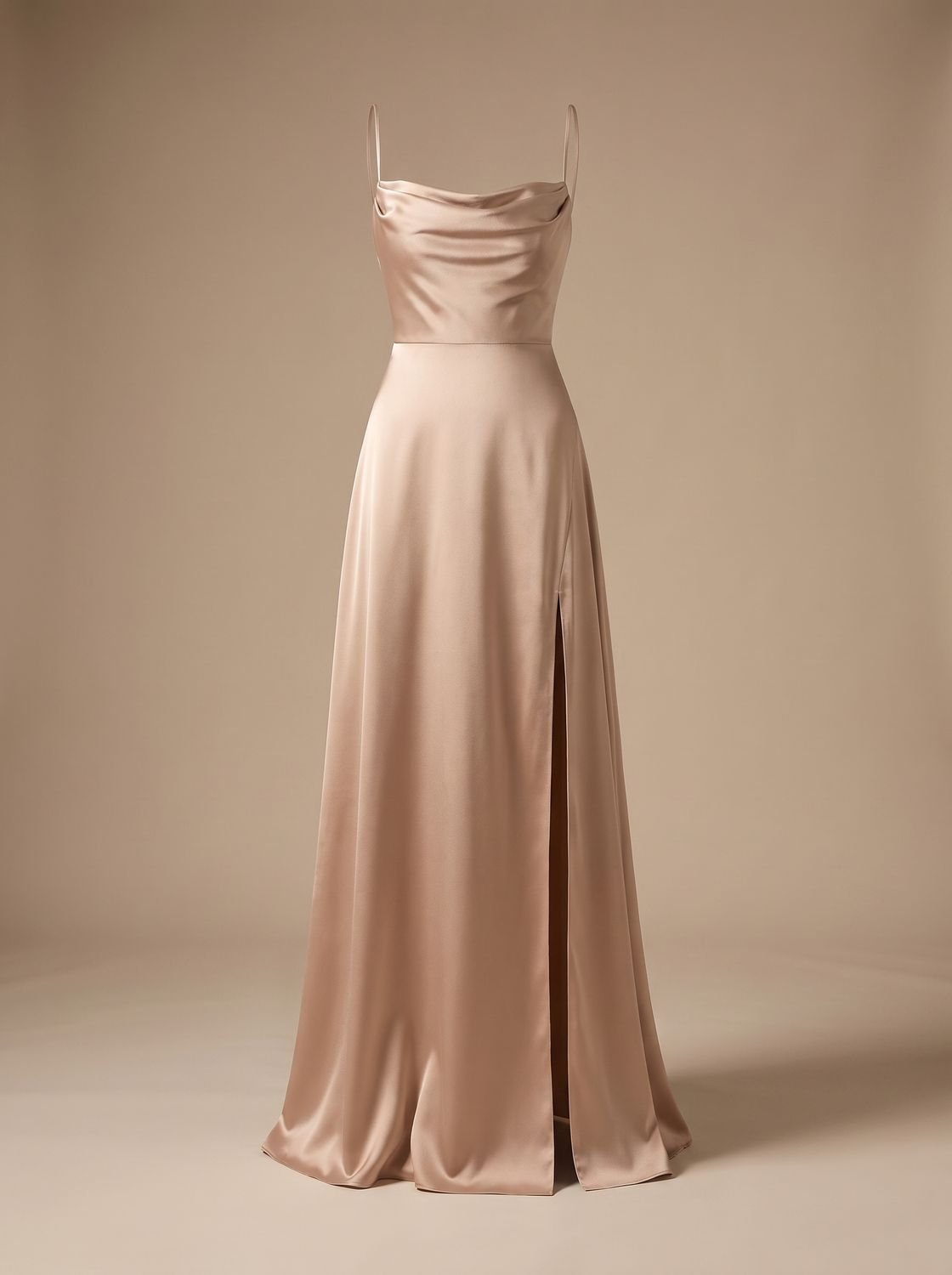 Full-length view of a women's cowl-neck occasion dress