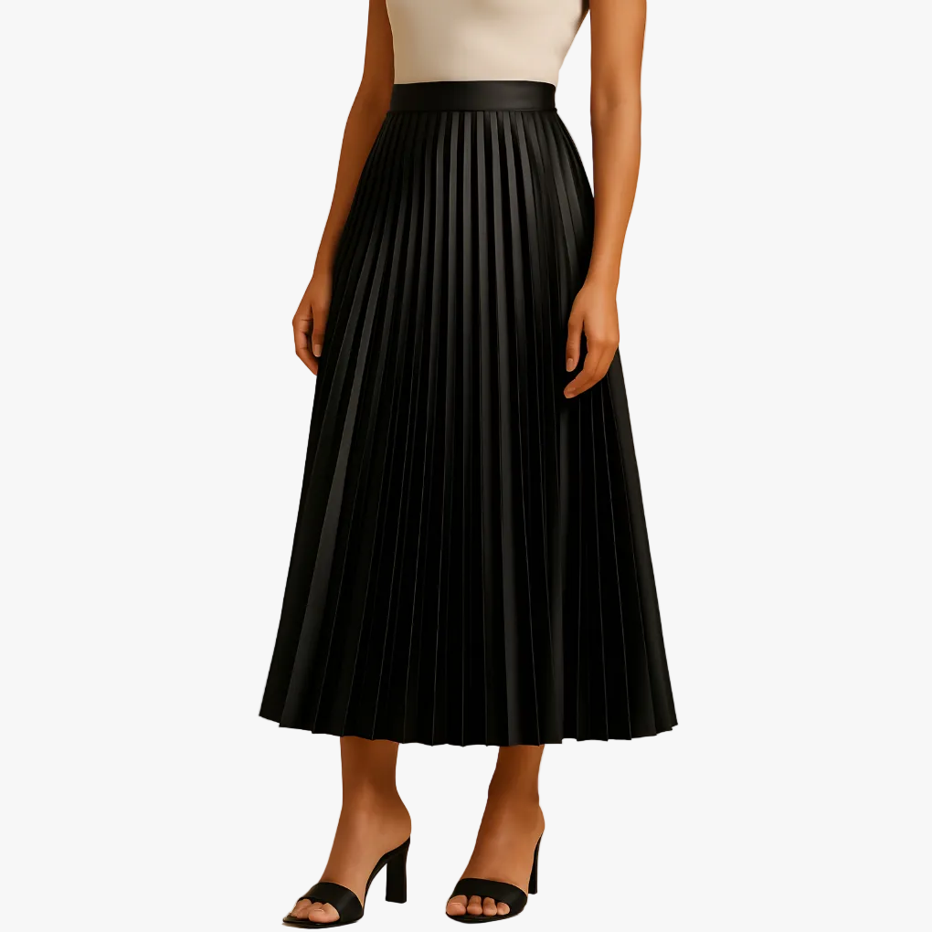 Women's satin pleated midi skirt displayed from the front