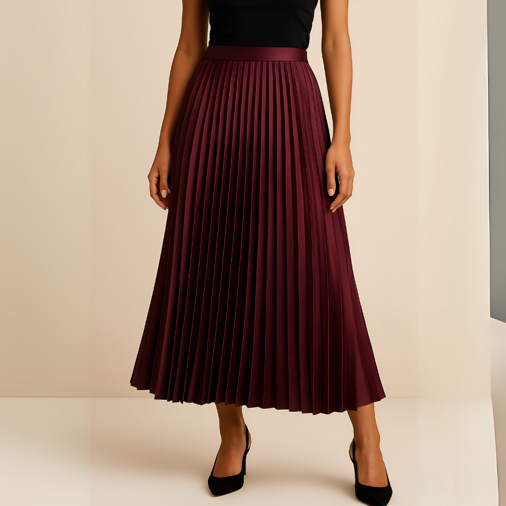 Women's Satin Pleated Midi Skirt With High Waist