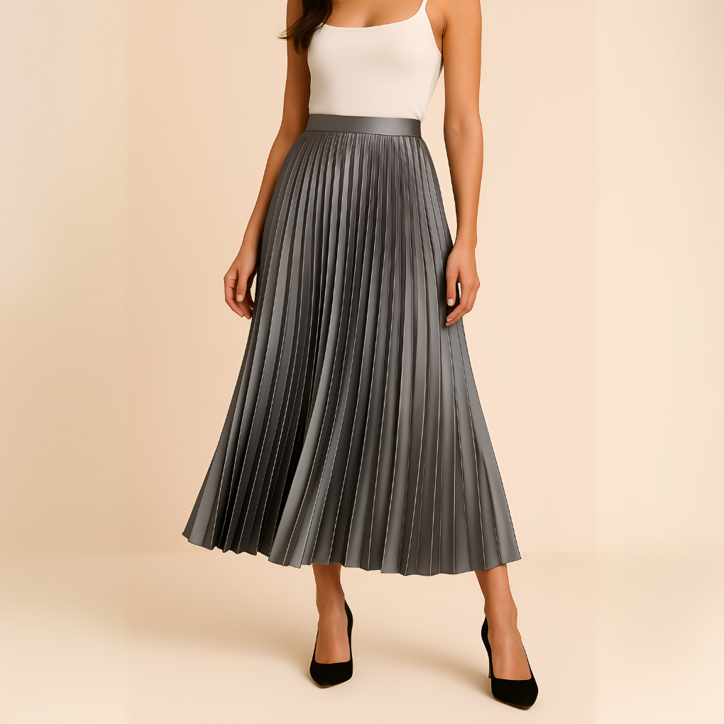 Side view of a women's pleated satin midi skirt
