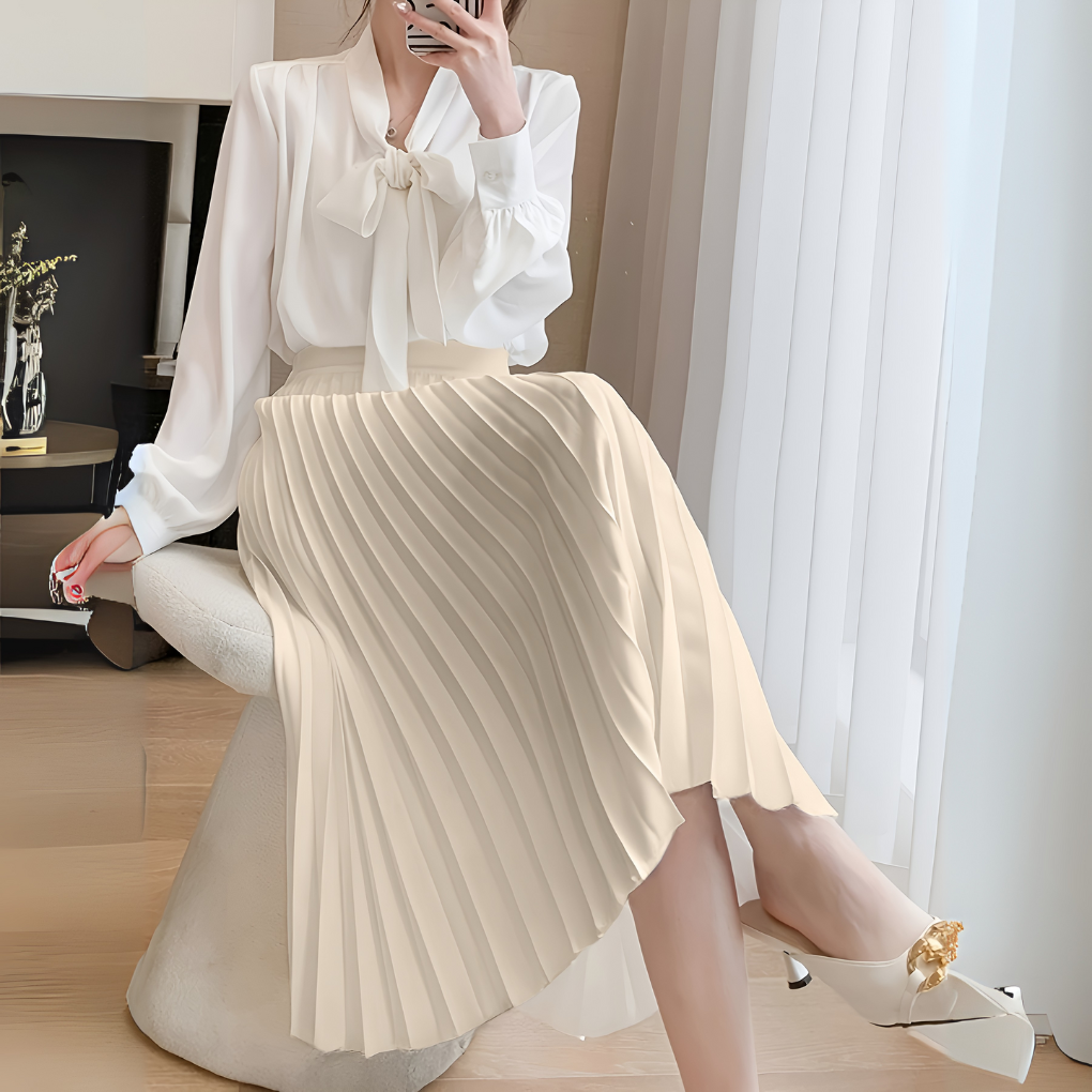 Back view of a high-waisted satin midi skirt