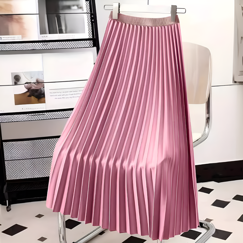 Women's Satin Pleated Midi Skirt With High Waist