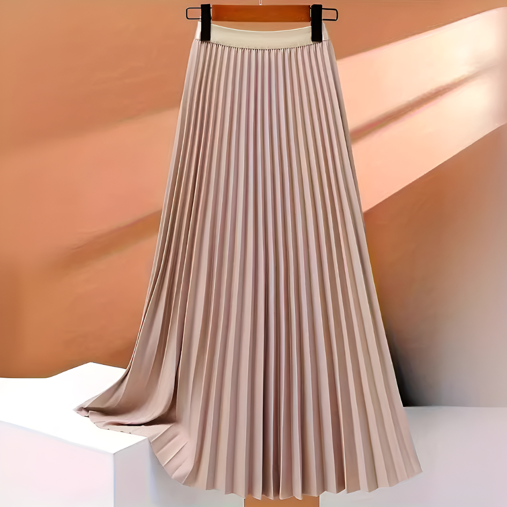 Full-length view of an elegant women's satin pleated skirt