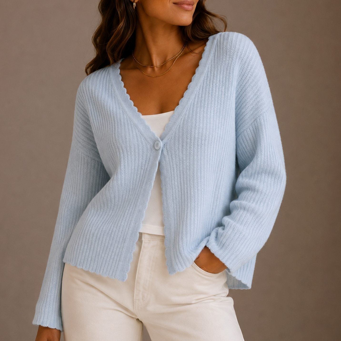 Women's scallop-trim V-neck knit cardigan shown from the front