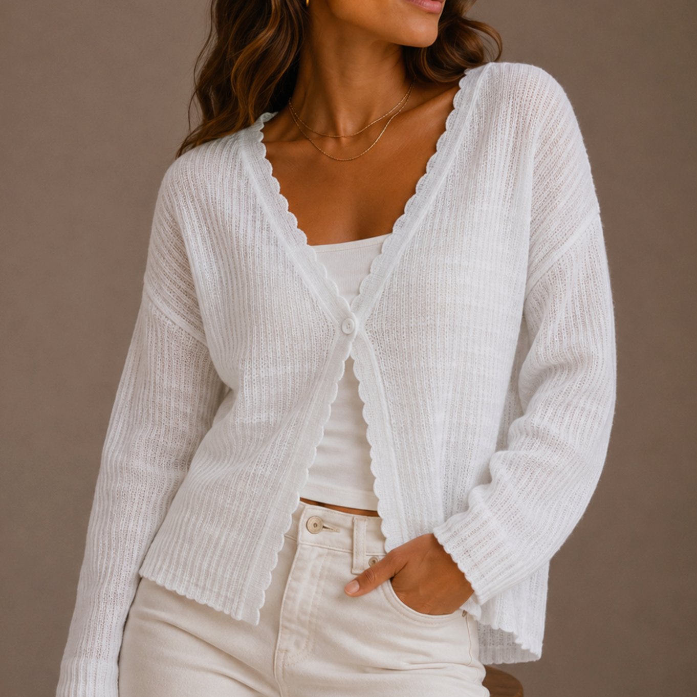 Women's Scallop-Trim V-Neck Knit Cardigan