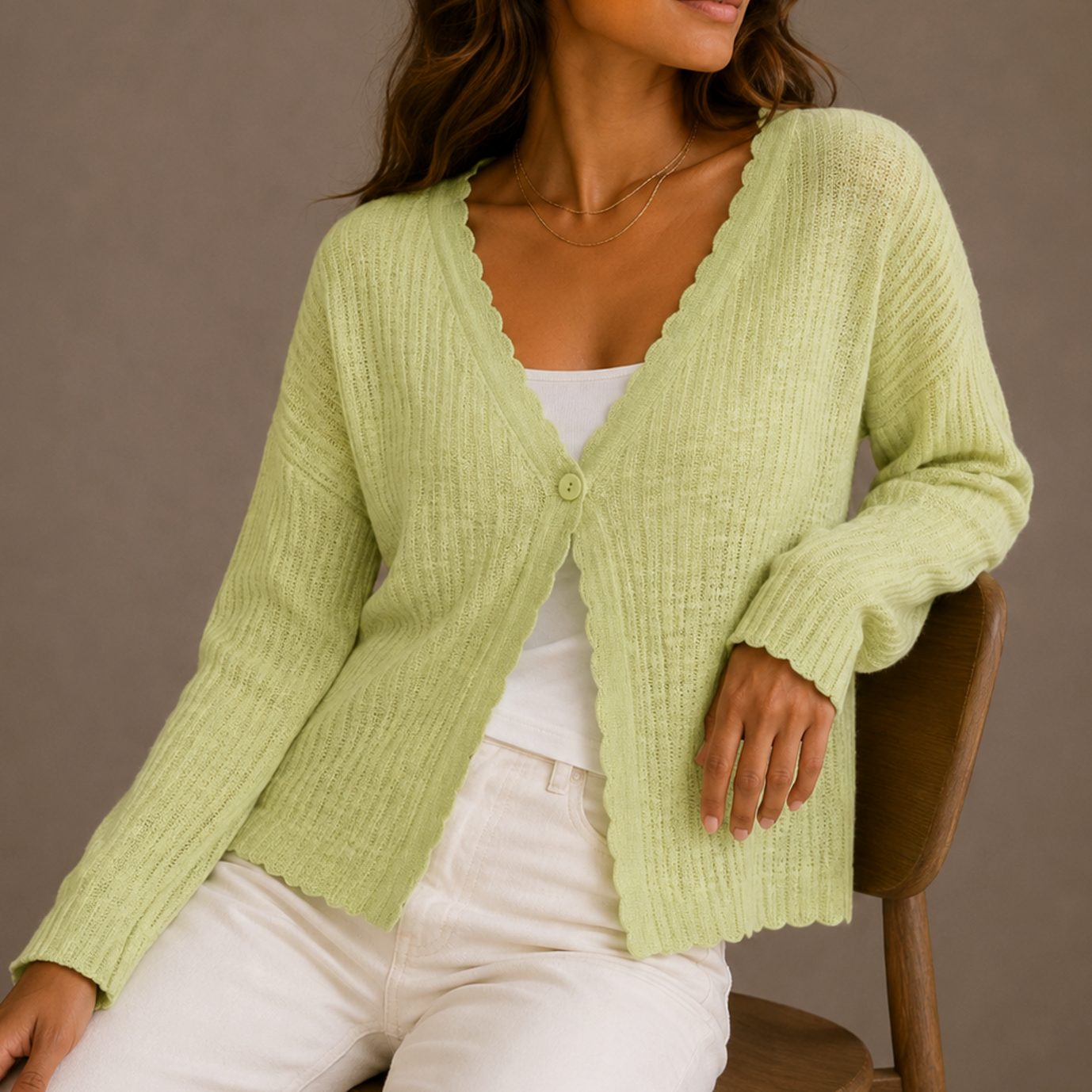 Women's Scallop-Trim V-Neck Knit Cardigan