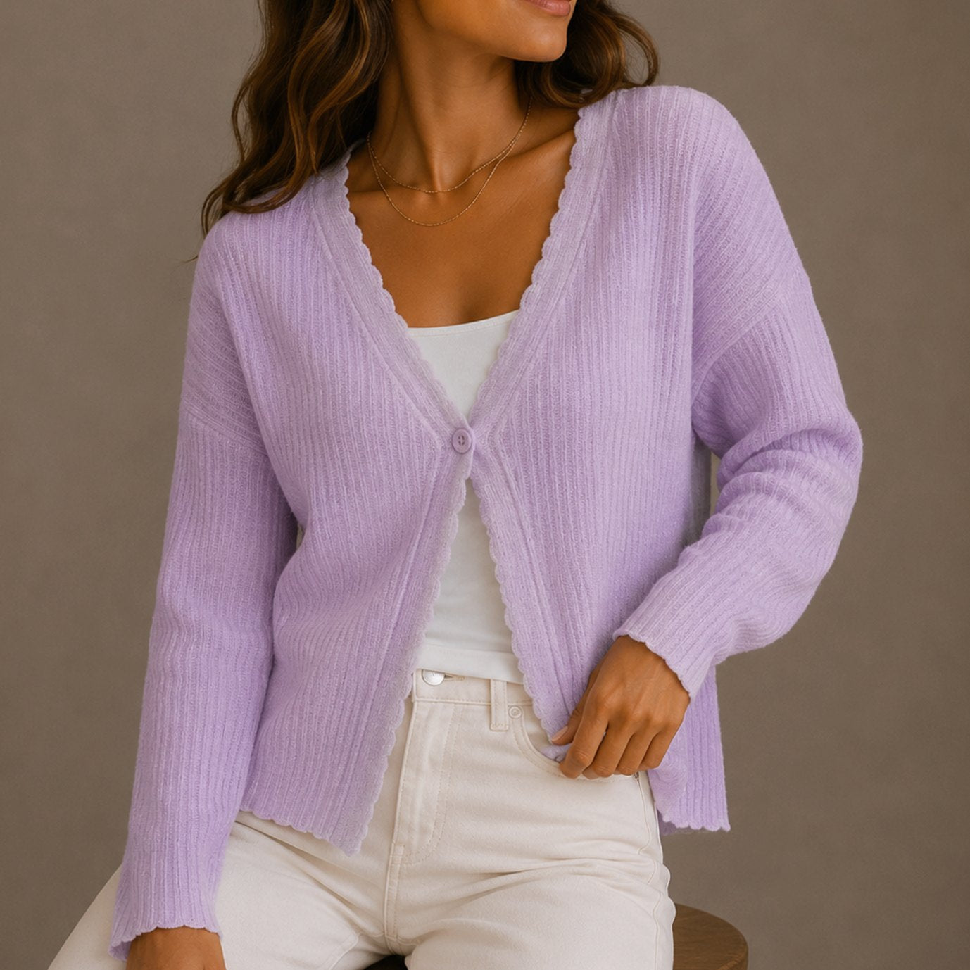 Women's Scallop-Trim V-Neck Knit Cardigan