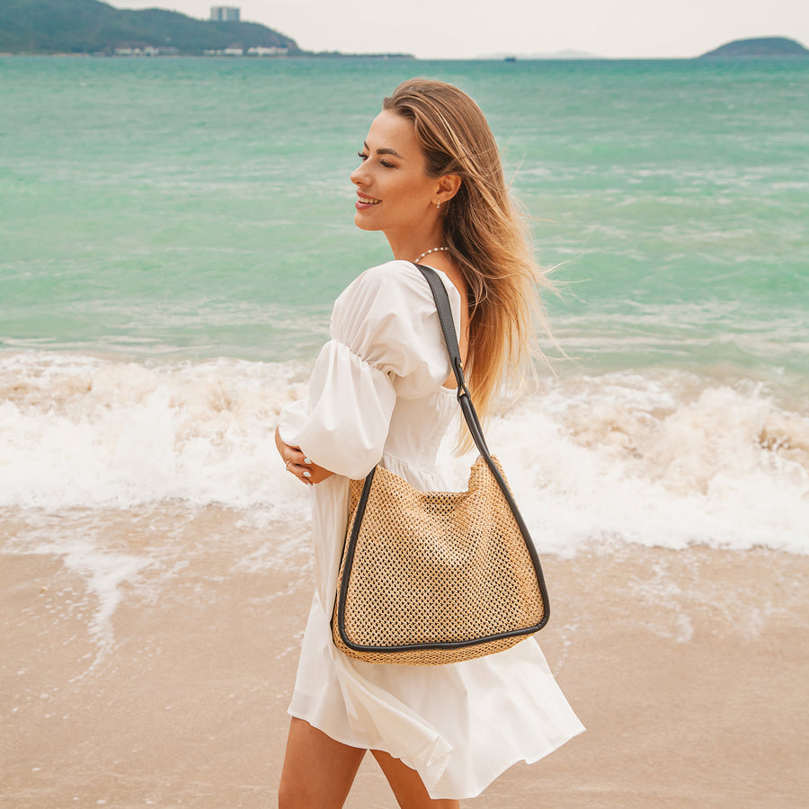 Large Handle Straw Tote Olives